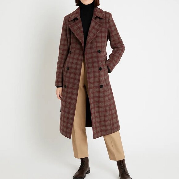 Anthropologie Plaid Wool Trench Jacket Pea Coat Preppy Fall Winter Quiet Luxury - Picture 9 of 9